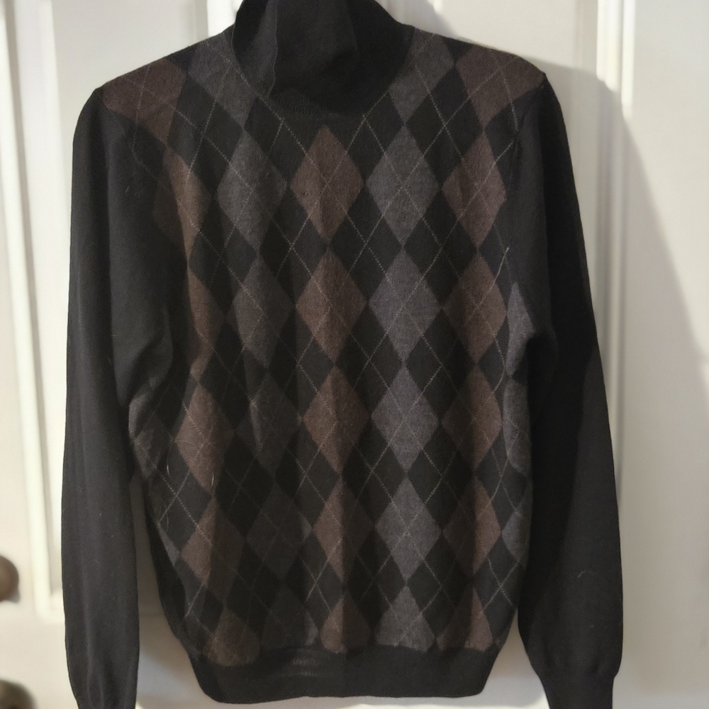 Brooks Brothers Italian Merino Wool Turtleneck Argyle Black Size L Dark academia